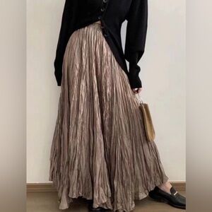 EDWARD Vintage Crinkle Crushed Silk Blend Maxi Skirt Taupe/Brown Women's S